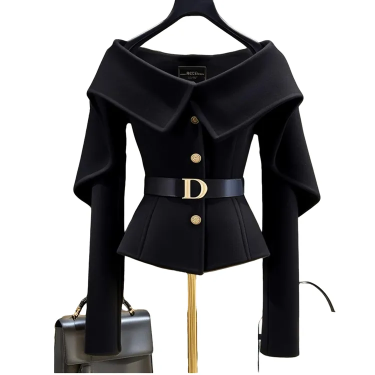 2025秋冬短款新款洋气上衣外套女士高端小香风一字肩黑色长袖