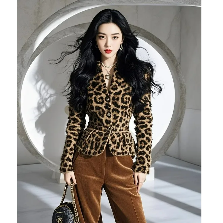 一整套入冬穿搭高级感气质御姐小香风咖色豹纹外套裤子职业套装女