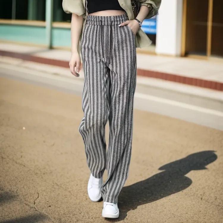 夏季薄款复古窄版阔腿裤女宽松洋气休闲垂感高腰竖条纹直筒裤长裤