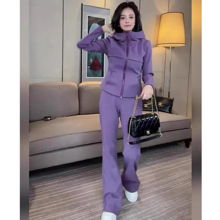 秋冬季气质高级感小香风紫色休闲运动拉链卫衣直筒裤套装两件套女