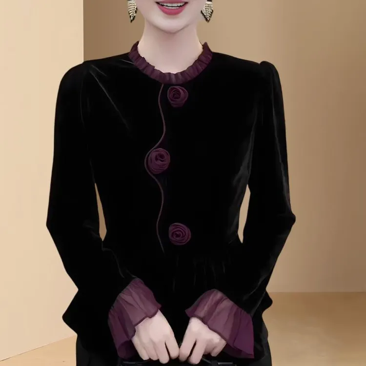 时尚木耳边妈妈2024新款衬衫上衣小衫冬装丝绒衬衣高级感修身女装