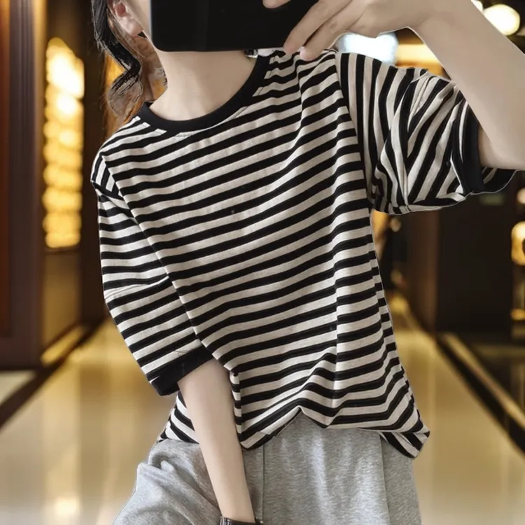 夏季新款宽松显瘦条纹t恤女士圆领小众设计感短袖打底衫棉质上衣