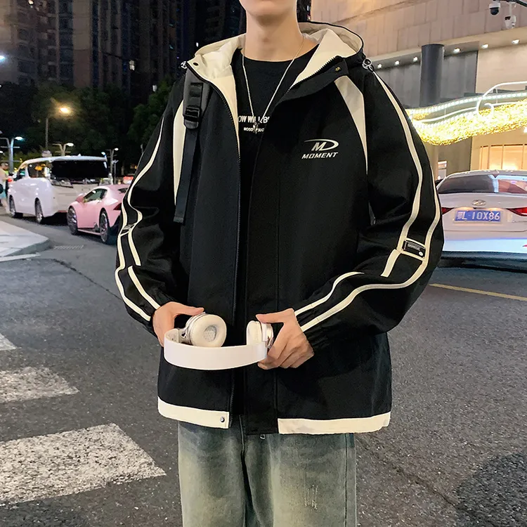 秋季新款连帽外套青少年学生男士冲锋衣宽松百搭工装夹克初高中生