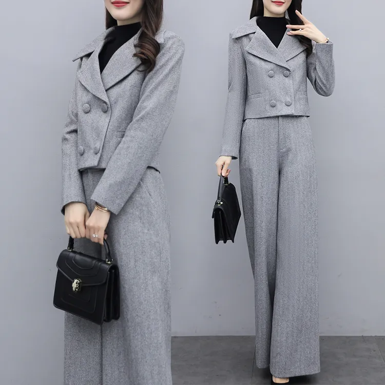 2024秋冬新款毛呢阔腿裤套装气质洋气时尚短外套名媛显瘦两件套