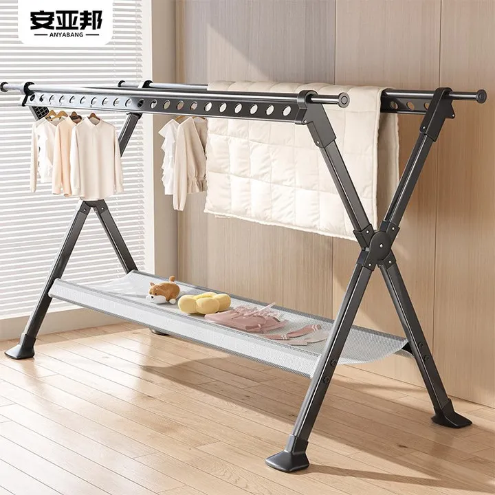 简易晾衣架家用室内落地式阳台伸缩晒被折叠铝合金晾衣杆晾衣架子