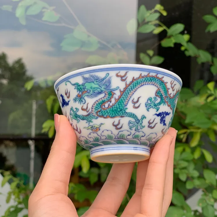涂杏花窑 斗彩双龙戏珠杯 手绘龙纹主人杯全手工 景德镇陶瓷 非遗