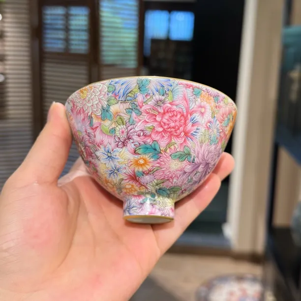 溢珍堂 粉彩万菊鸡心杯 手绘主人杯景德镇高端瓷器非遗