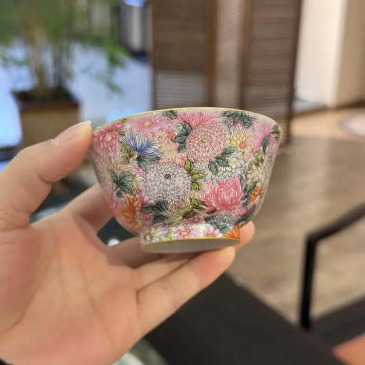 溢珍堂 粉彩万菊撇口杯 手绘主人杯景德镇高端瓷器非遗