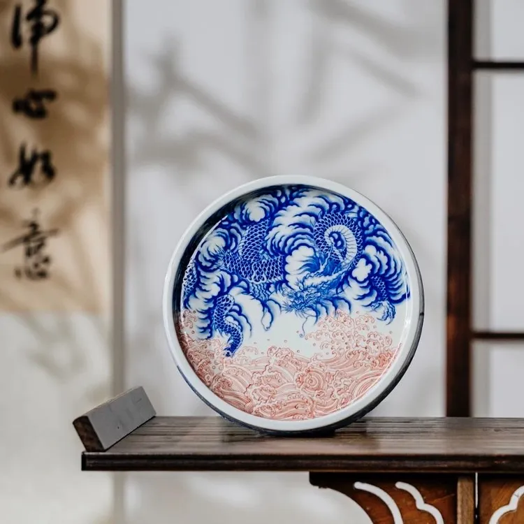 天义华青花釉里红云龙纹壶承 【景德镇瓷器纯手工18.5cm直径】