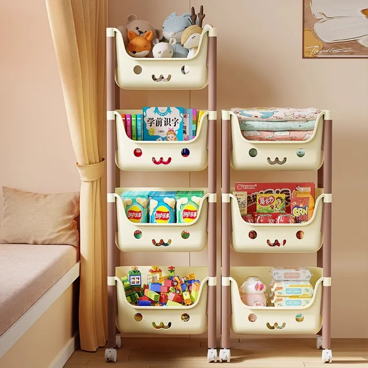 小推车置物架儿童玩具收纳架家用多层书架可移动零食美拉德整理架