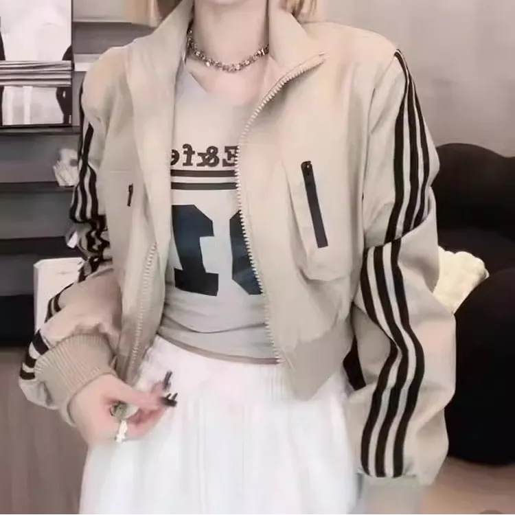 欧货飒酷街头立领杠条机车风棒球服短外套女秋季宽松拉链夹克上衣