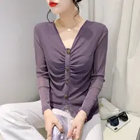 欧货秋季2024新款女装洋气v领t恤纯色纱网时尚感褶皱收腰内搭上衣