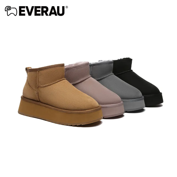 EVERAU冬季皮毛一体雪地靴短靴加绒加厚保暖百搭休闲女靴EA3143