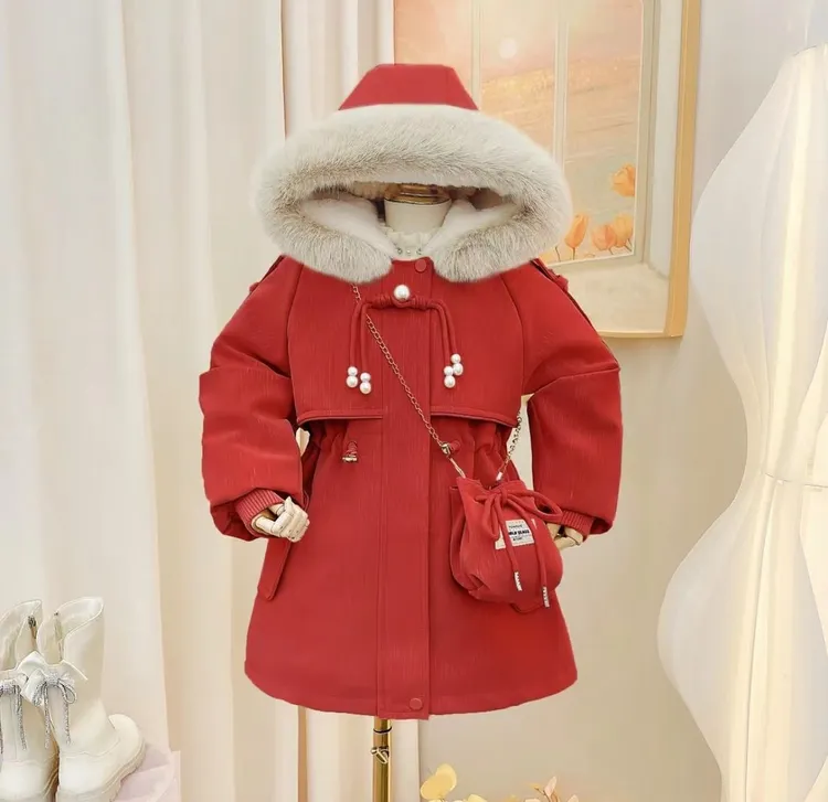 女童派克服2023新款冬装洋气毛领皮衣中大童加绒加厚外套冬季带包