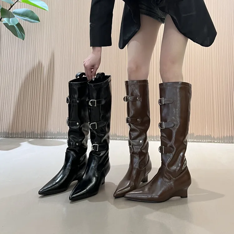 低跟坡跟欧美风设计感软皮不累脚长筒靴