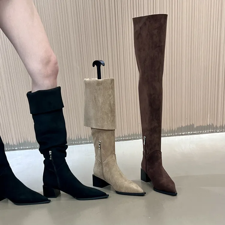 5厘米方糖粗跟尖头辣妹堆堆靴 一靴多穿～显瘦显脚直不累脚过膝靴