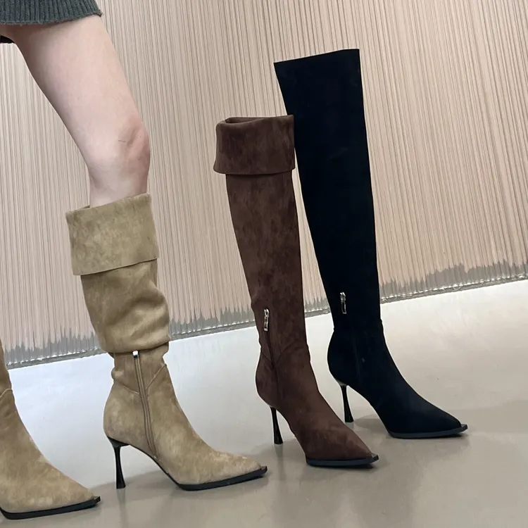 7厘米一靴多穿尖头高跟过膝靴子设计感翻领堆堆靴女大筒围长筒靴