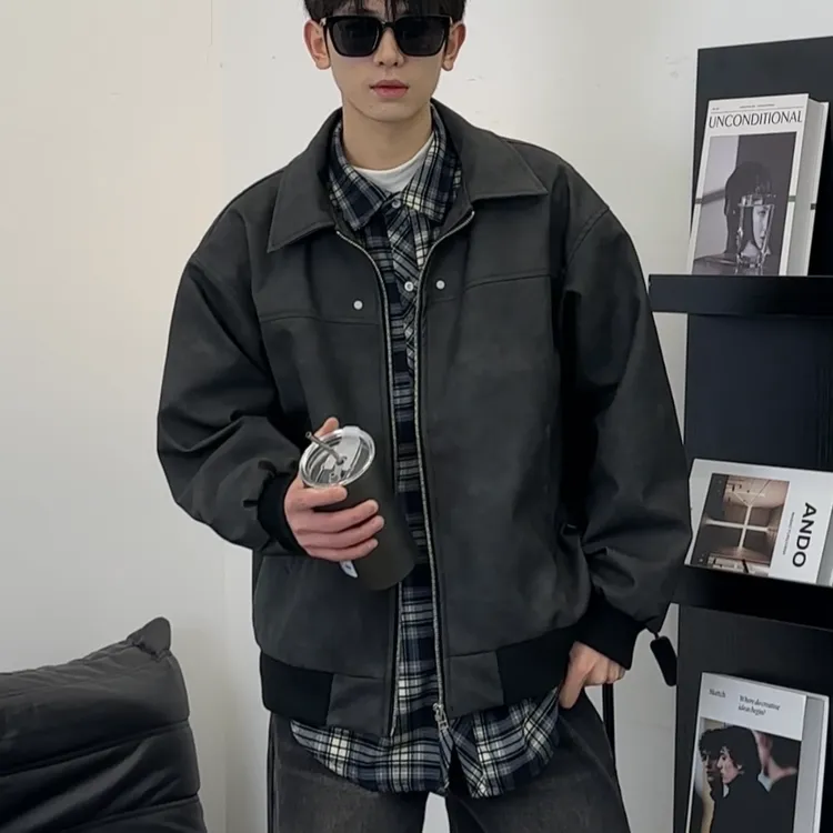 春秋新款简约皮衣夹克男宽松休闲美式复古潮流百搭上衣外套男款