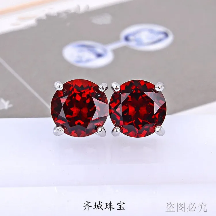 新款天然鸽血红宝石榴石简单四爪耳钉女纯银镀白金玫瑰金包邮正品