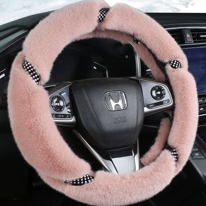 汽车方向盘把套镶钻秋冬长毛绒男可爱网红女通用D型保暖汽车把套