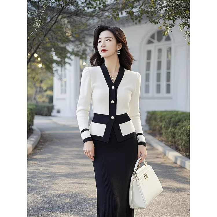 秋季新款高贵上档次洋气时尚爆款高级感气质拼接色上衣半身裙套装