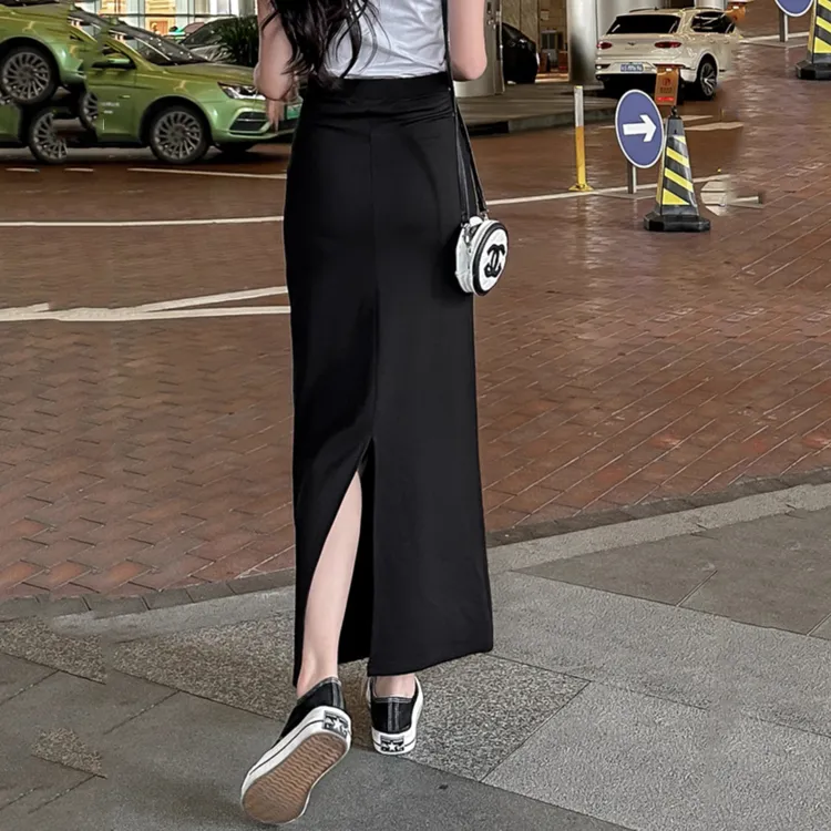 【春秋款】厚度适中直筒半身裙女新款高腰过膝黑色显瘦开叉裙子女