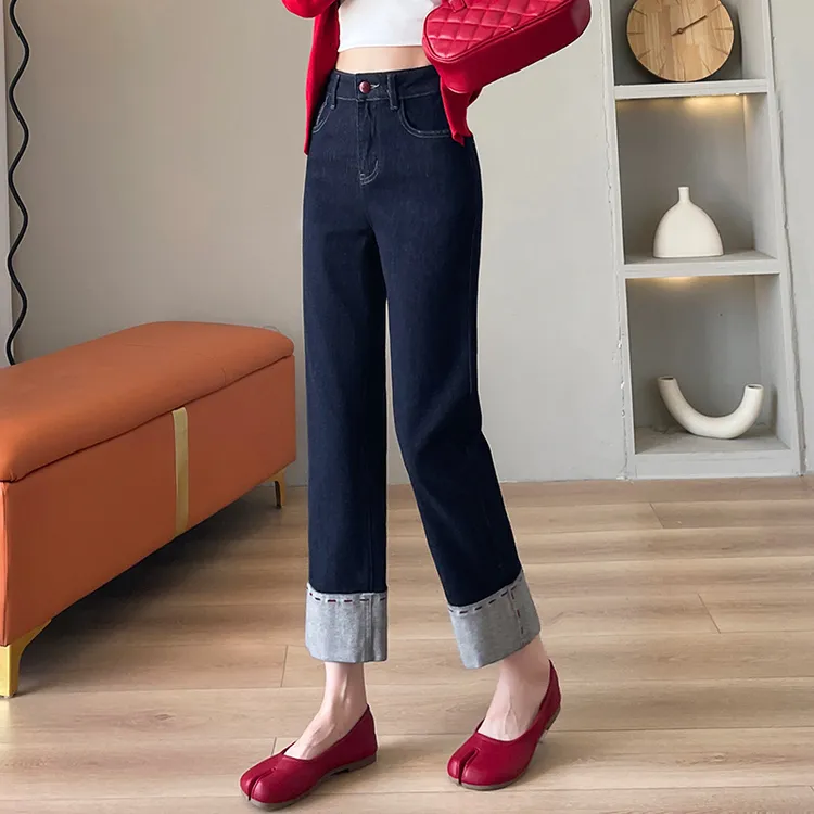 丹宁风九分裤直筒裤裤子女款爆款2024新款百搭时尚潮牌撞色牛仔裤