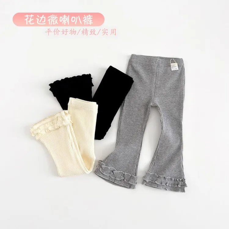 喇叭裤休闲针织长裤2024春季新款花边打底裤宝宝简约百搭外穿