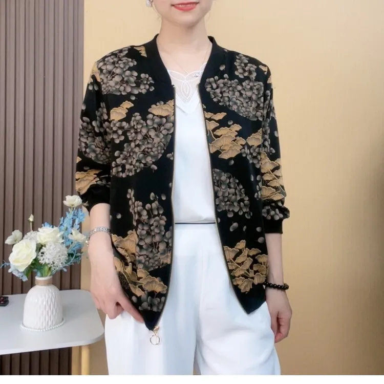 外套时尚休闲百搭印花薄款宽松潮流大码妈妈装短款春季秋季洋气