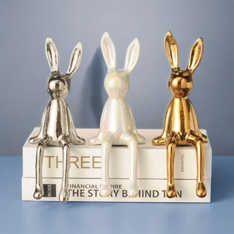 卡通坐姿长耳兔子摆件高档轻奢客厅电视柜酒柜金色装饰品网红創意