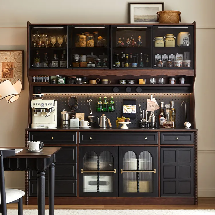 法式复古实木餐边柜靠墙一体高柜中古酒柜厨房法式餐边柜