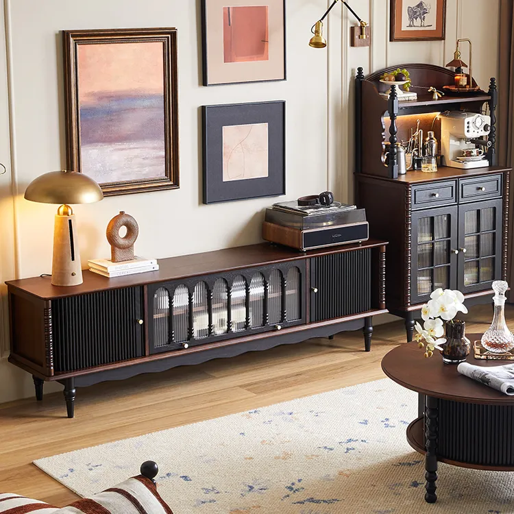 法式复古实木电视柜客厅电视柜茶几组合高级中古风家用地柜储物柜