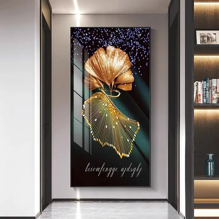 轻奢银杏叶带灯玄关装饰画正对门大气挂画走廊壁画过道晶瓷镶钻画