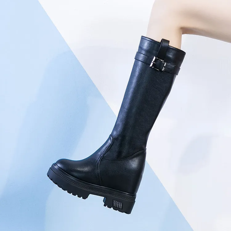 内增高10cm皮靴女秋冬长靴新款厚底漆皮单靴休闲潮拉链高筒骑士靴