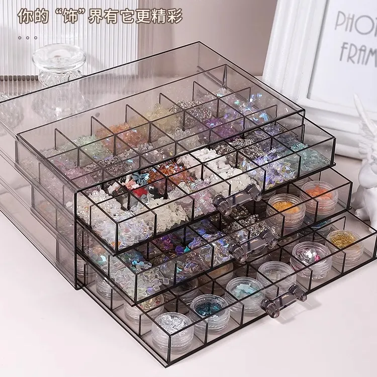 首饰收纳盒透明多层抽屉式多分格子美甲油亚克力盒子桌面钻饰品盒