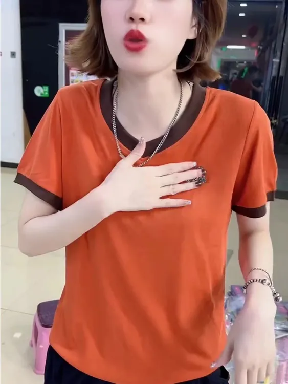 【小天鹅烫钻短袖】减龄显瘦V领镶钻小天鹅气质女士微胖妈妈短袖