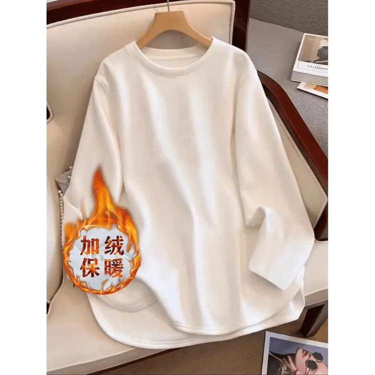 秋冬双面德绒打底衫女简约白色T恤绒衫宽松潮流圆领保暖长袖上衣