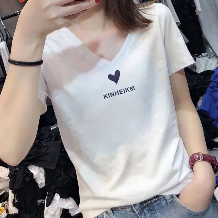 夏季新款韩版白色t恤女短袖宽松百搭纯棉v领爱心打底衫内搭上衣潮