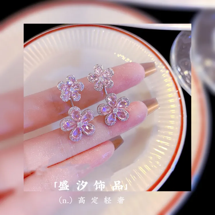 铜合金耳饰 「桃乐丝恋曲」前后两戴粉色花朵耳环小众精致耳环