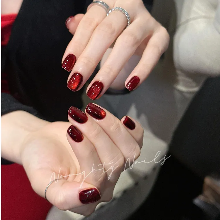 【鸽血红】红色玻璃珠酒红色新年美甲红色系高级感短款穿戴甲甲片