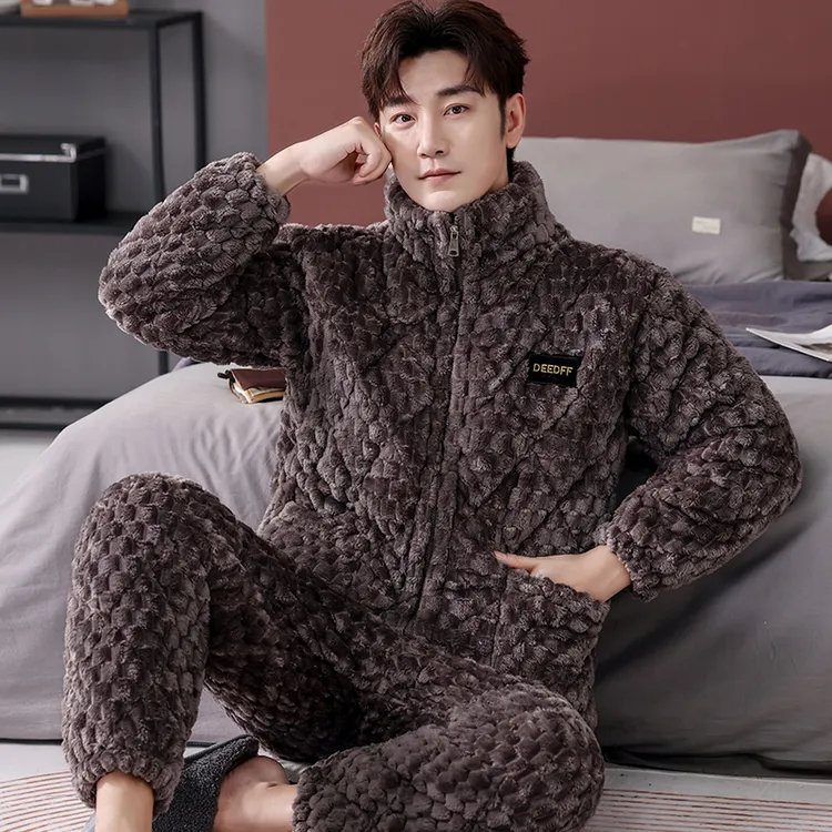 冬季金龟绒男士三层夹棉加厚保暖家居套装男士睡衣冬款加厚加绒
