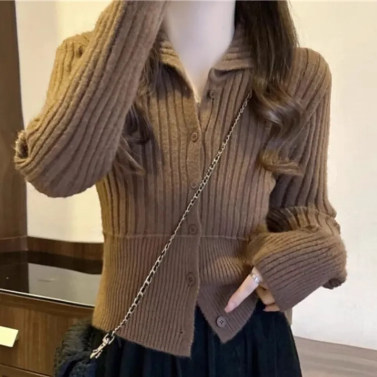 2025新款polo领短款秋冬百搭针织毛衣女春秋正肩针织开衫上衣外套