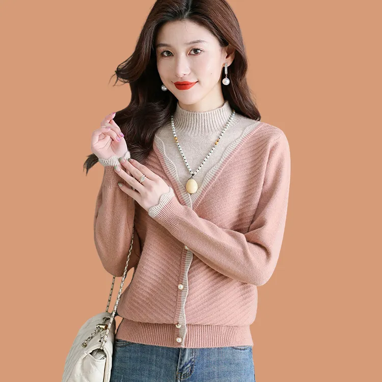 半高领假两件秋冬毛衣女款2025新款冬季加厚针织衫内搭中领打底衫