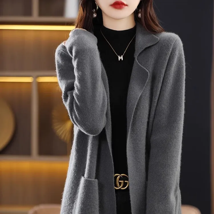 2025春季新款时尚洋气中长款开衫女翻领秋冬百搭毛衣宽松针织外套