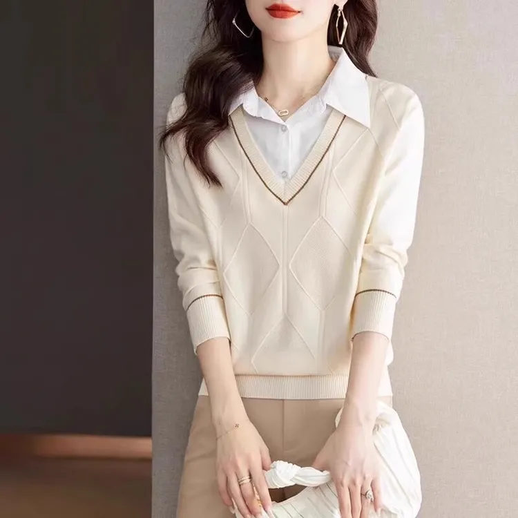 2025秋装新款假两件上衣女士衬衫毛衣针织衫长袖时尚洋气打底小衫