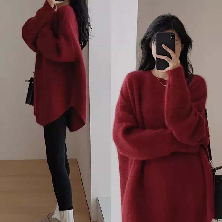 毛衣上衣女春秋季中长款日系慵懒复古风开叉套头加厚外穿针织衫