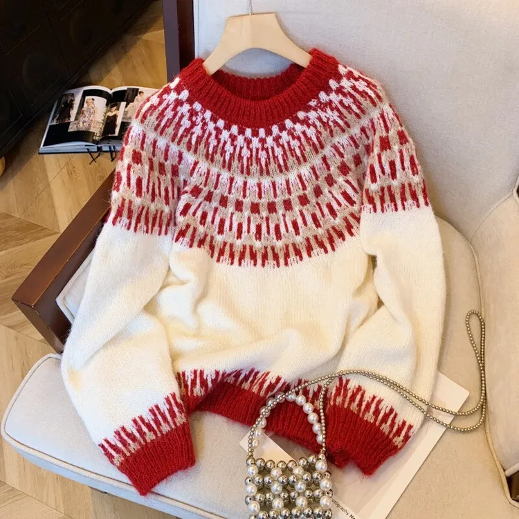 新年港风复古提花套头毛衣女春秋季2025新款小个子休闲百搭针织衫