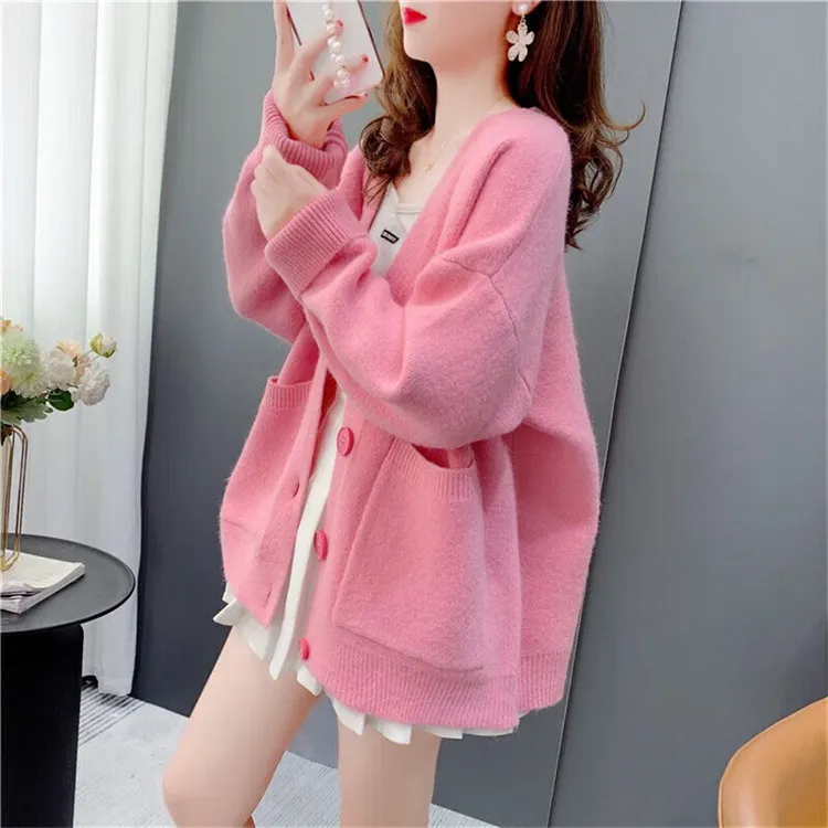 设计感秋冬加绒毛衣开衫女新款春秋小众宽松韩系慵懒风针织外套