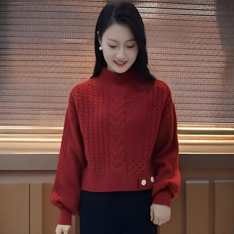 半高领麻花毛衣女春秋2025新款慵懒风宽松时尚减龄百搭针织打底衫