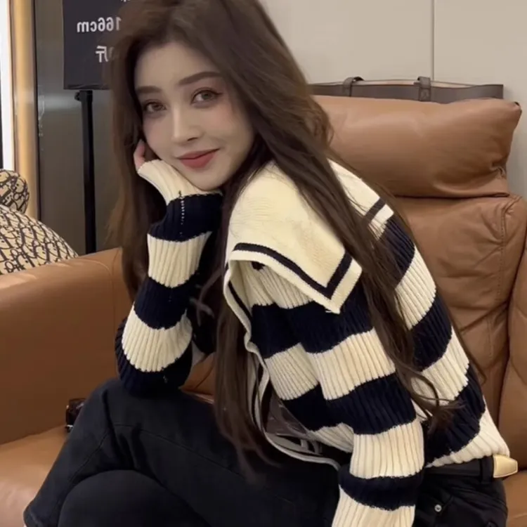海军领条纹毛衣外套女2025秋季新款外搭气质百搭长袖针织开衫上衣